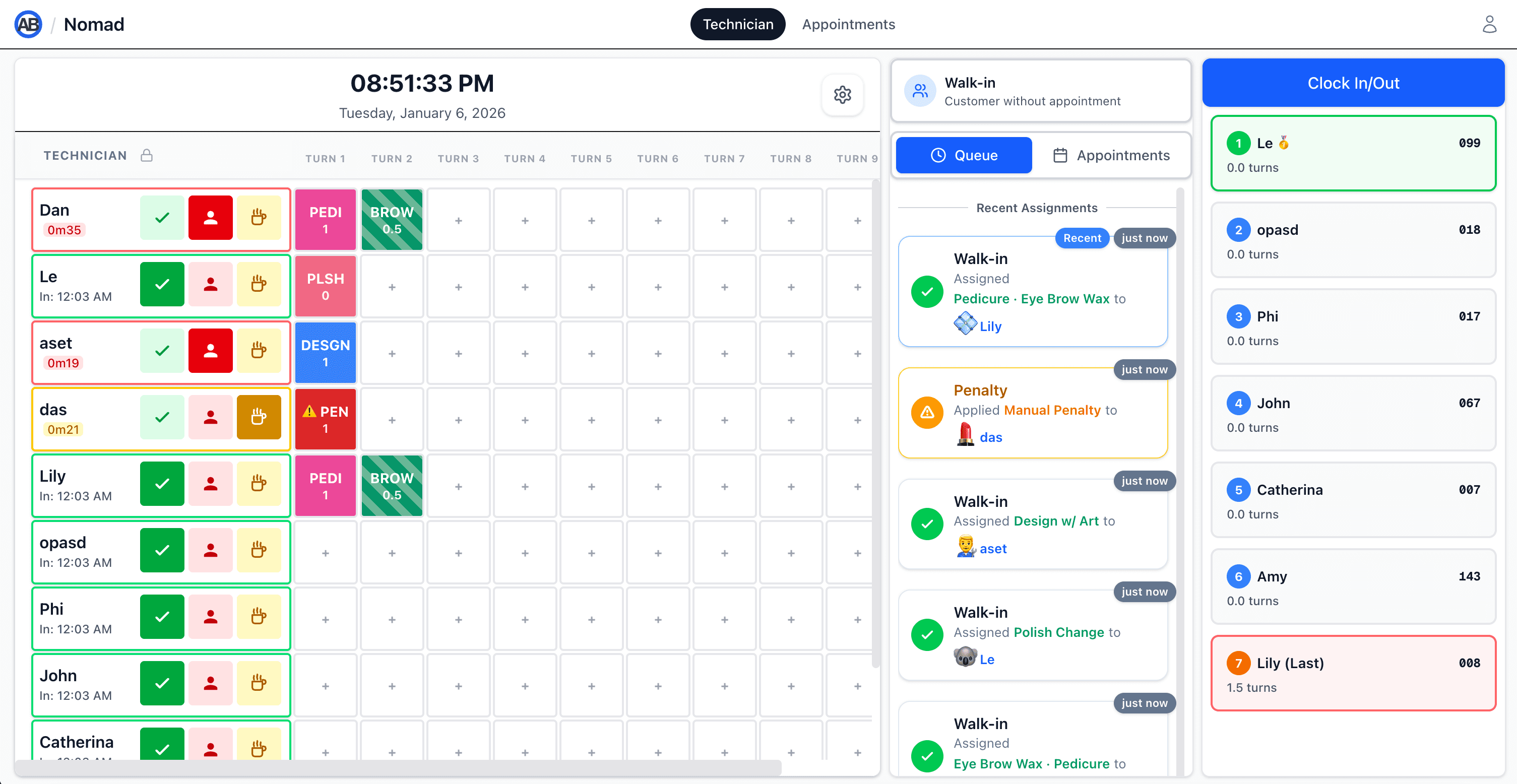 ABTurns nail salon dashboard showing live turn board with technician queue management